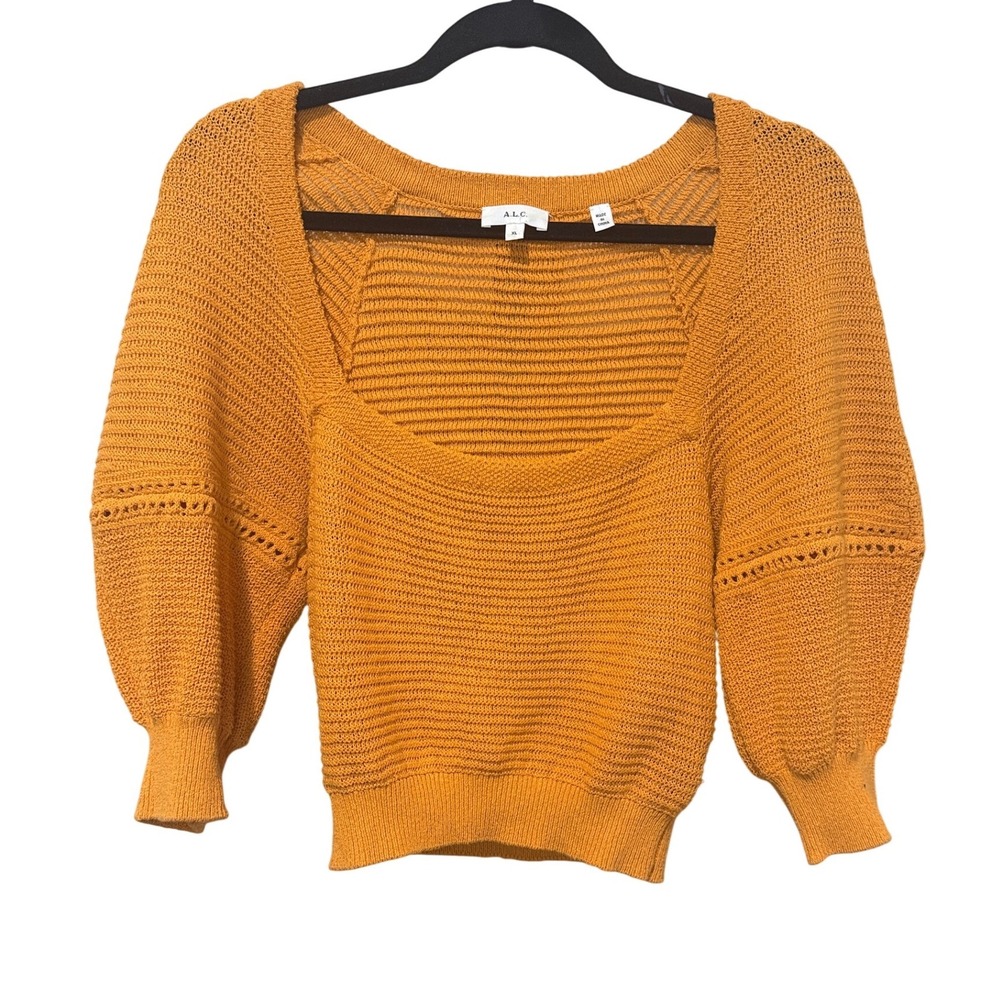 ALC Square Neck Puff Sleeve Cropped Sweater Orange Mustard Cotton Knit Size XL